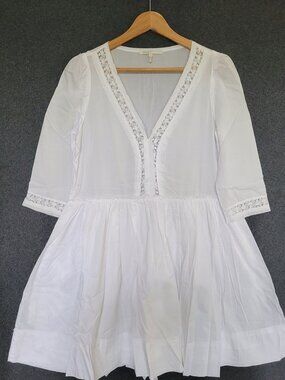 Maje White Cotton Lace Dress V-Neck 3/4 Sleeve Peasant Coastal Romantic Size 1